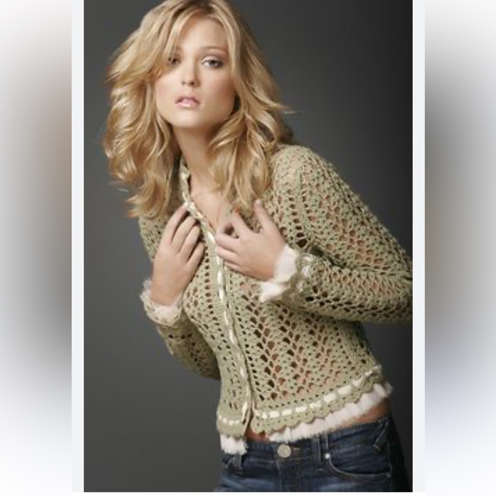 Anthropologie One Girl Who Green Crochet Cardigan Sweater NWOT